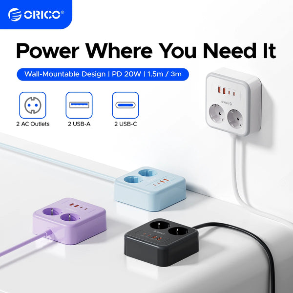 ORICO Desktop Square Power Strip PD20W Fast Charge 1.5M 3M Extension Power Cord Type C USB A Charging Station EU Plug Adapter