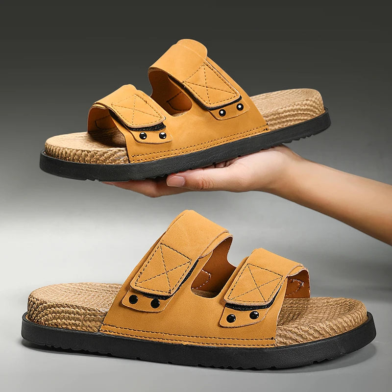 Summer Mens Adjustable Slippers Men Leather Slides Thick Soles Bottom Platform Slippers Sandals Soft Comfortable