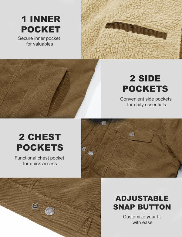 TACVASEN Men's Winter Corduroy Sherpa Lined Warm Turn-Down Collar Jacket Daily And Outdoor Long Sleeve Coat With Utility Pocket