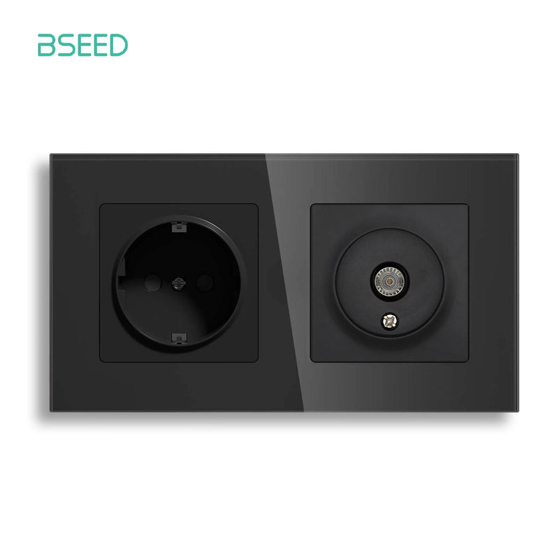 BSEED EU Standrad Wall Power Socket RJ45 Internet Socket Telephone Port Cat6 Socket Glass Panel TV Satellite Electrical Outlets