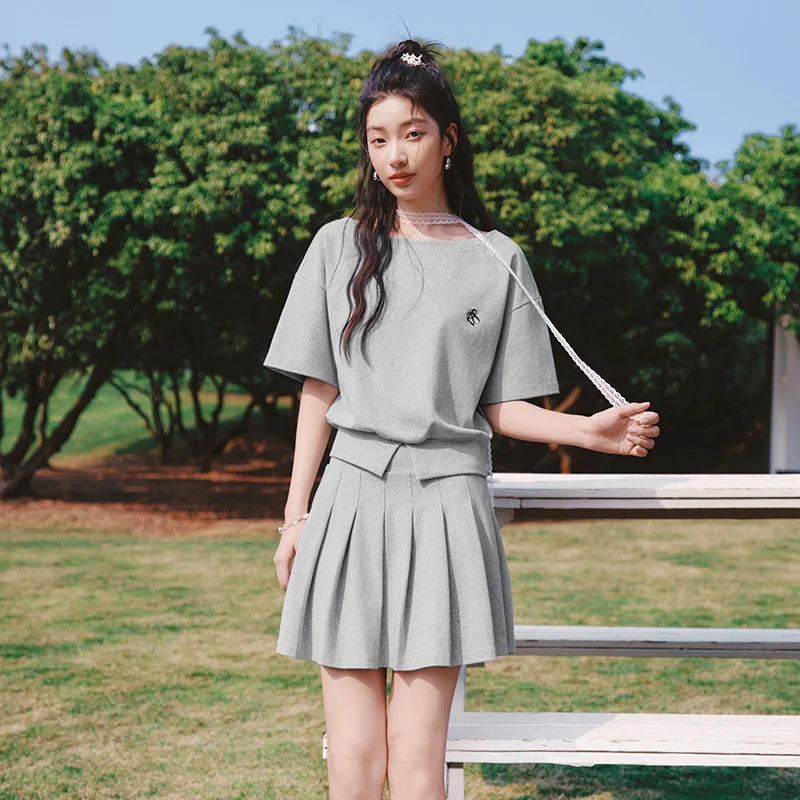 Semir Women Set Short Length Pleated Skirt Oblique Shoulder Slit Top Embroidered Sexy 2026 Summer Casual Fashion Top