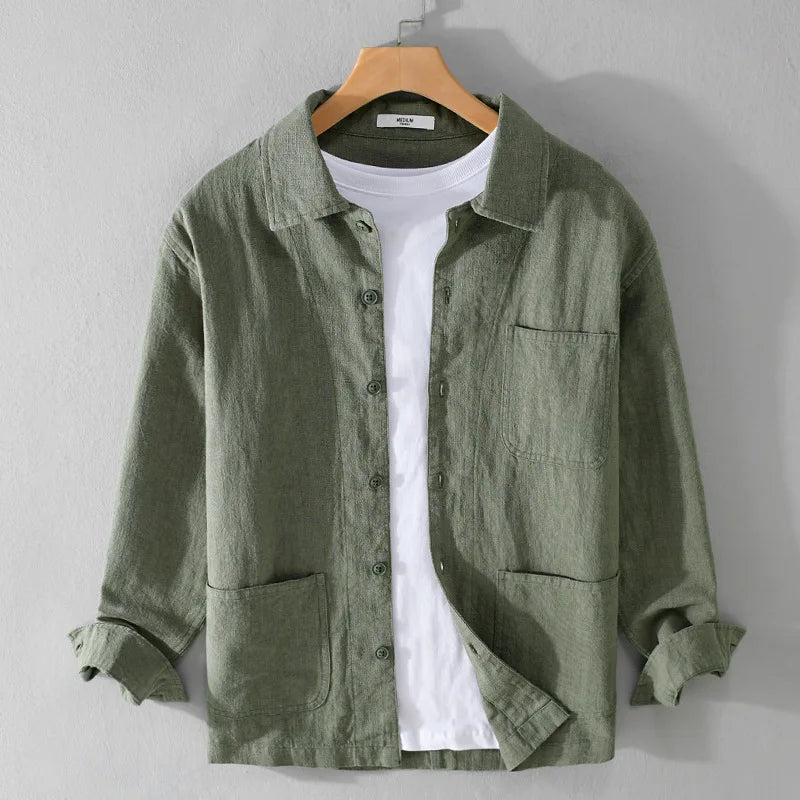 70% ramie 30% cotton high-quality men's long-sleeved shirt  daily casual wear, retro Harajuku style, solid color outdoor jacket