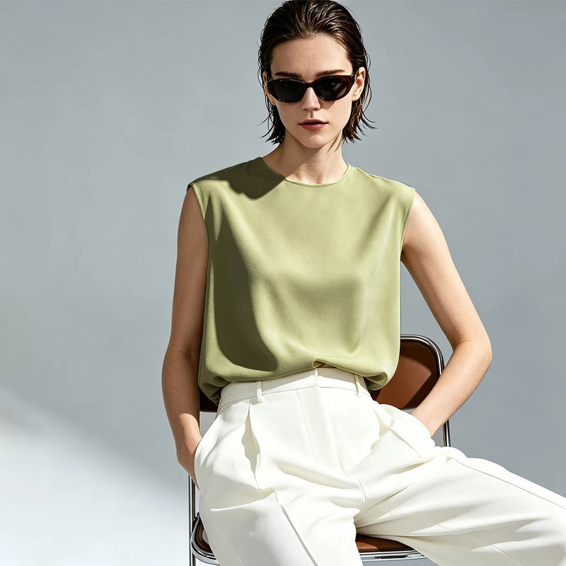 Amii Woman Trousers 2026 Summer New O-Neck Pleated Chiffon Long Dress Separate Casual Flowy Sleeveless Women's Blouse 12652065