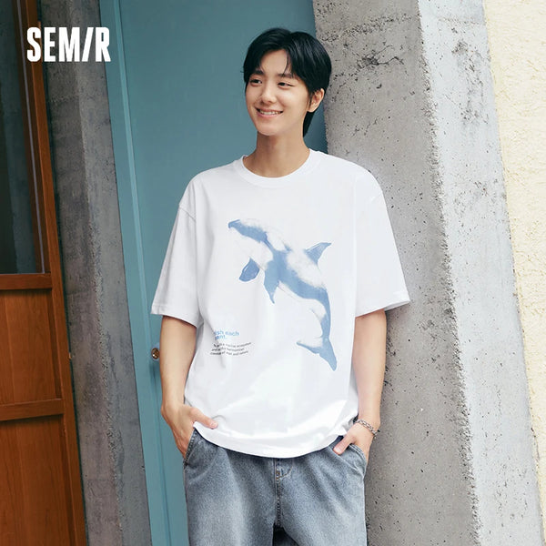 អាវយឺតបុរស Semir ឆ្នាំ ២០២៦ បោះពុម្ពដោយត្រីបាឡែនឃាតករ កប្បាសសុទ្ធ រលុង ម៉ូដធម្មតា ទន់ ស្រួលពាក់ប្រចាំថ្ងៃ