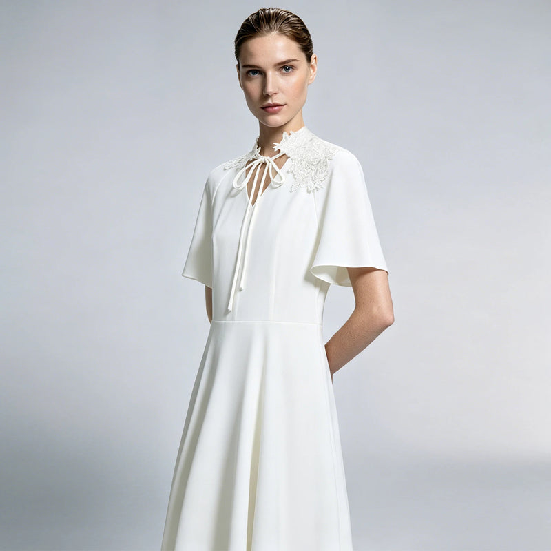 Amii Womens Dresses 2026 Summer New V-Neck Short Sleeve Chiffon Midi Dress Holiday Casual Lace Patchwork Woman Clothes 12622143