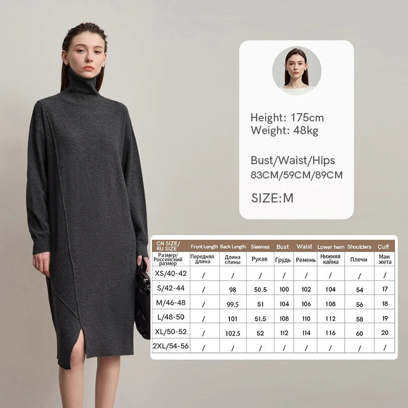 AMII Womens Dresses 2026 Winter New Turtleneck Long Sleeves Asymmetrical Dresses For Woman Knit Loose Ladies Clothing 12553015