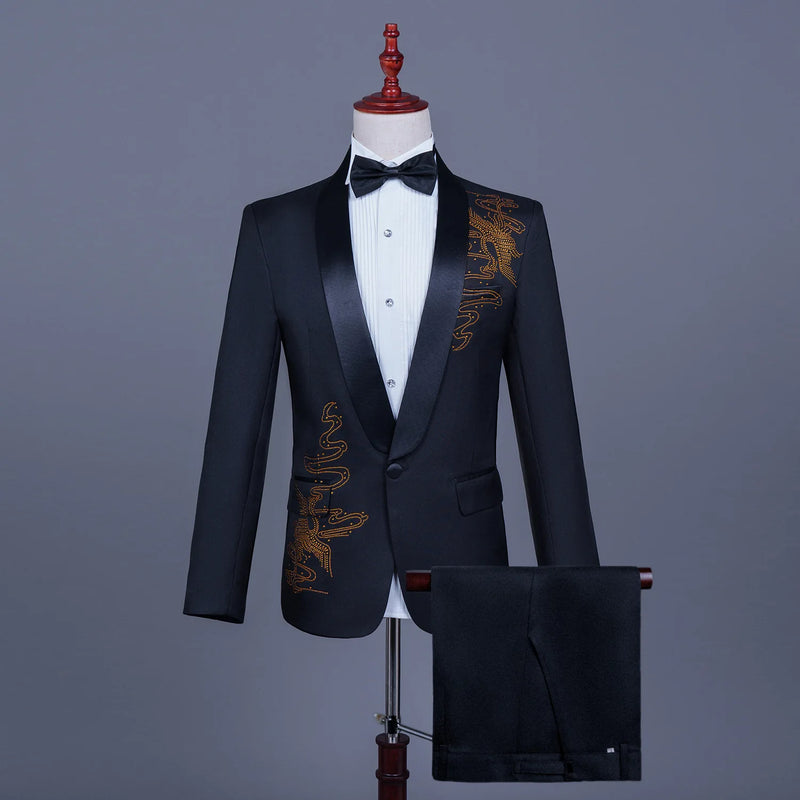 Men's Black Tuxedo Set with Diamond Embellished Jacket and Matching Trousers in White for Choirs/Stage Performances/Weddings
