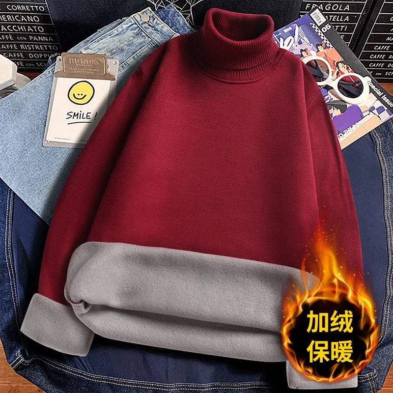 Winter Thermal Base Layer Men High Collar Knitted Pullover Full Fleece Lined Soft Long Sleeve Daily Commute Sweater