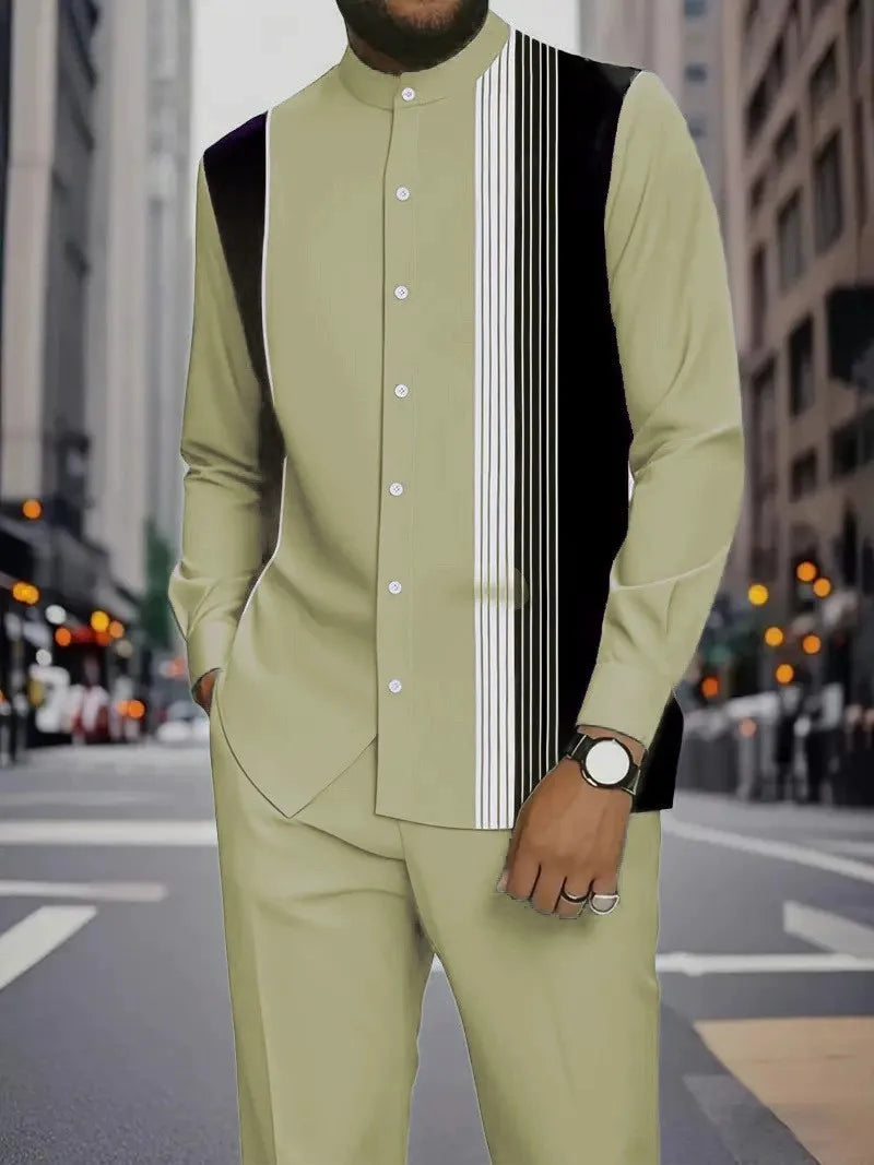 Men's Two-piece Set for Spring/Fall: An Ethnic-style Long-sleeve Shirt Paired with Pants, Red, Blue, Green, Gray, Black, Purple.