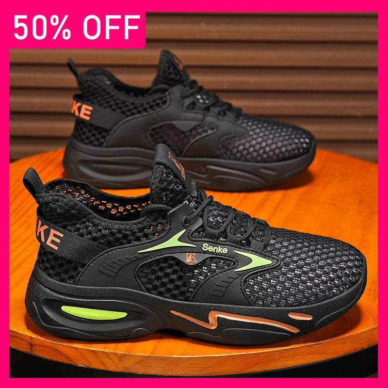 Men Sports Shoes Fashionable Lace Up Breathable Mesh New Anti Slip Wear-resistant Soft Sole Comfort Outdoor Walking Tennis Shoes