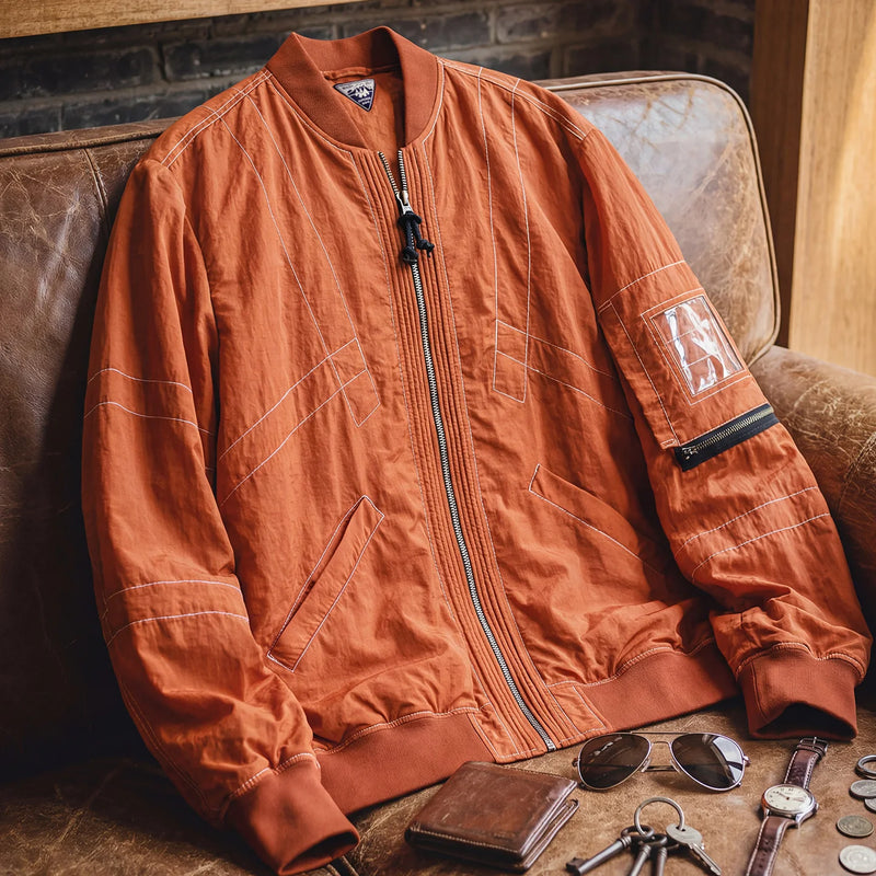 Maden Men‘s Vintage MA-1 Bomber Jacket Red Lightweight Pilot Coat with Zipper Classic Baseball Style Jacket for Spring Autumn