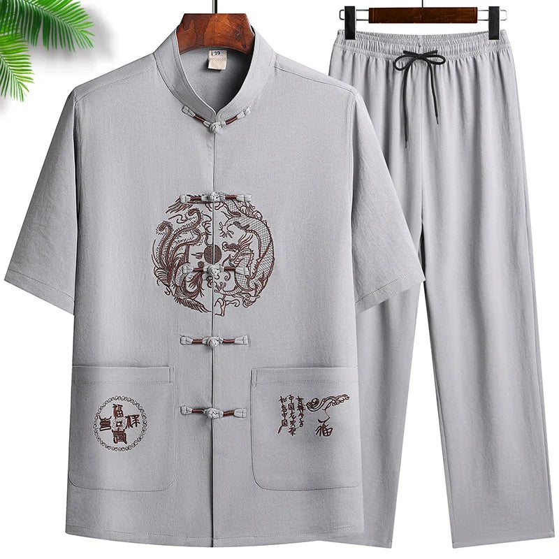 Chinese-style Men's Stand-collar Two-piece Set: A Summer Short-sleeve Shirt Paired with Cropped Pants. Red,Blue,Green,Khaki,Gray