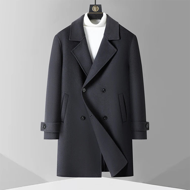 70.2% Virgin Wool Overcoat, Double-Faced Luxury Minimalist, Structured Warmth Design, Business Gentleman