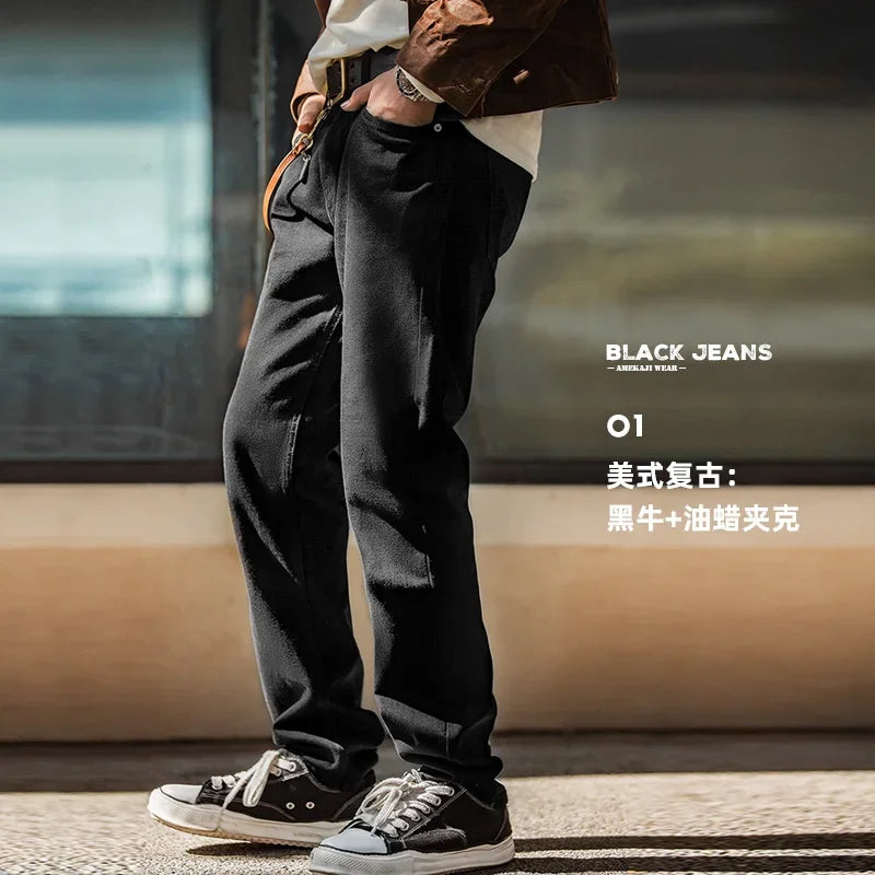 ខោខូវប៊យ Maden Men Baggy Denim Jeans ខោខូវប៊យចង្កេះមធ្យមពណ៌ខ្មៅបែបអាមេរិកាំង Retro លាងសម្អាតដោយទឹក ខោត្រង់បែបបុរាណ ខោ Tannin