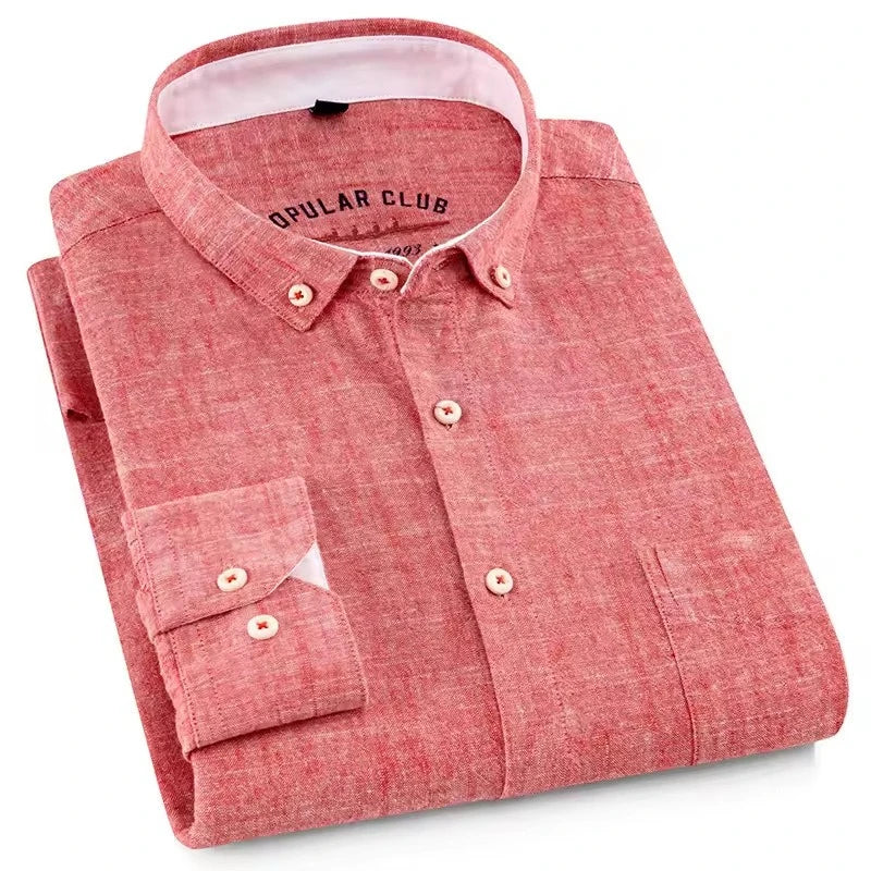 2026 Spring Red Men's Long-Sleeve Shirt, Blue Moisture-Wicking Breathable Cotton-Linen Blend Shirts, Available in Beige Gray.