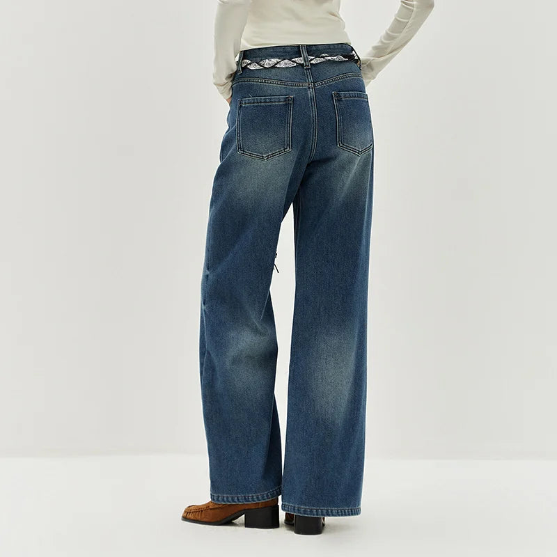 Semir Women Jeans Belted Fleece Lined Flared Loose Fit Distressed Wash 2026 Vintage HighWaist Streetwear Denim Pants
