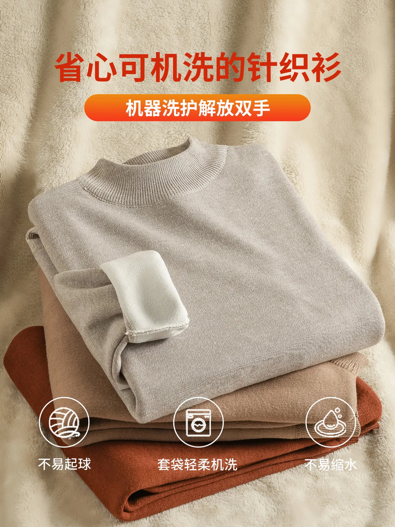 DUKEEN Men's Mock Neck Sweaters Winter Fleece-Lined Thick Warm Pullovers Solid Color Crew Neck Sweater Knitwear