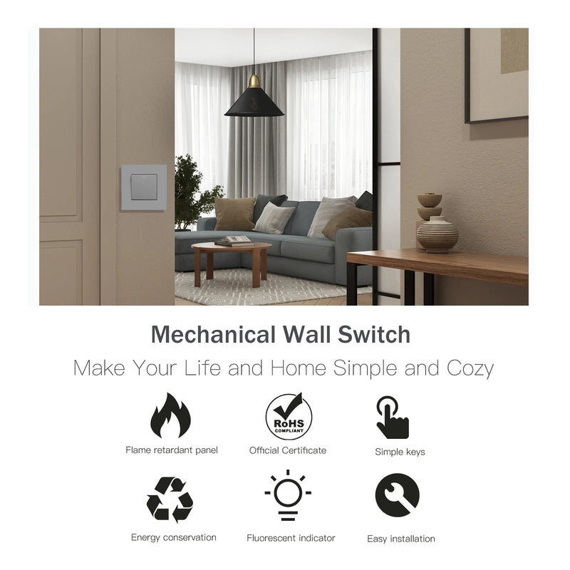 BSEED Button Light Switch 1/2/3Gang 1Way Wall Light Switch Plus Wall Power Socket Gray Plastic Frame Switch On Off