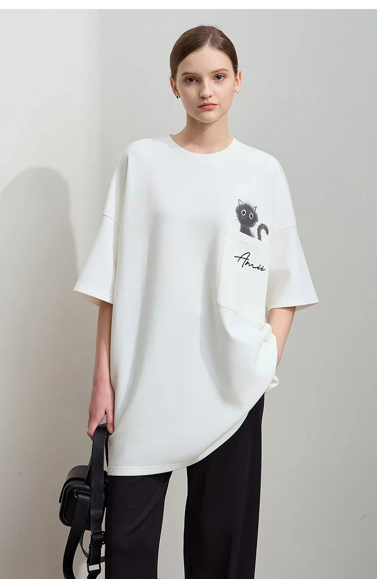 អាវយឺត AMII Minimalist សម្រាប់នារី រដូវក្តៅ ឆ្នាំ២០២៦ ថ្មី អាវក្រៅរលុង ដៃអាវទម្លាក់ បោះពុម្ព អាវយឺតទំហំមធ្យម 12511011