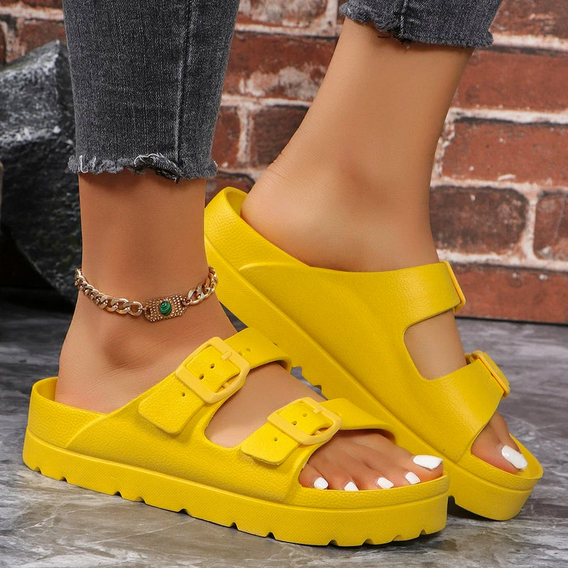 4cm High Ladies Slippers with Two Straps Double Buckles Platform Sandals Women Slides Cushion Lightweight 12 Colors Options