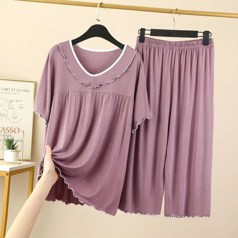 Women's Pajamas Set New V Neck Short Sleeve Capri Pants Suit Modal Casual Sleep Wear Home Clothing Night Pijamas Sets Female