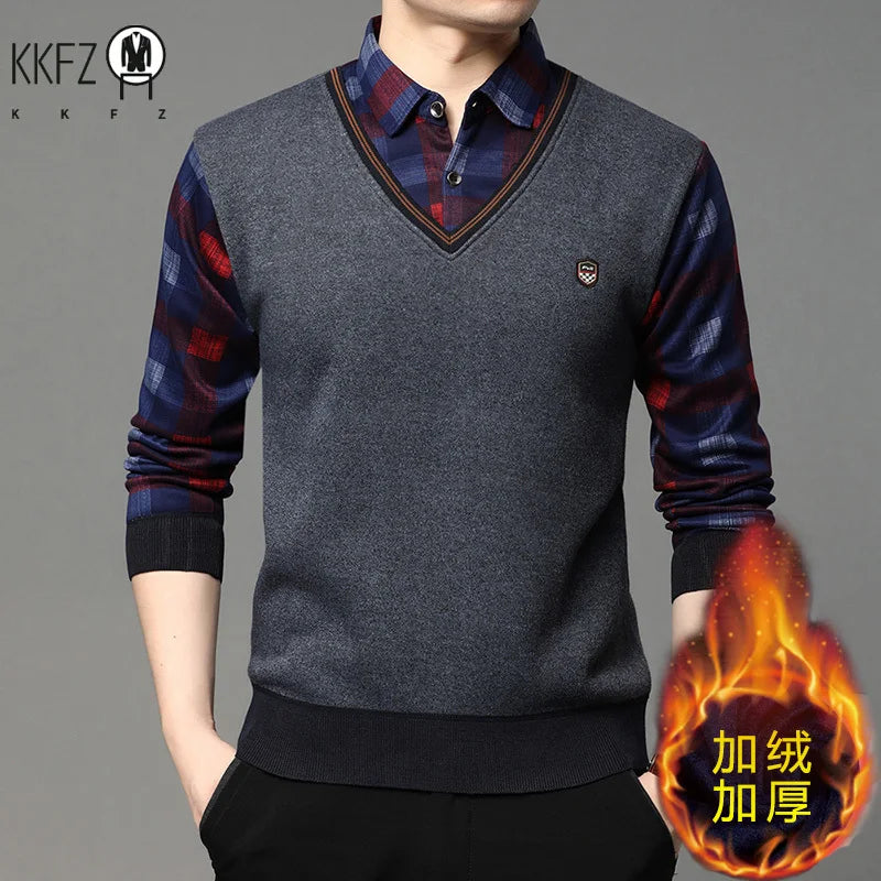 Slim Fit Fake Two Piece Sweater Men Stretch Knit Thermal Fleece Lined Plaid Long Sleeve Collared Office Travel Outfit