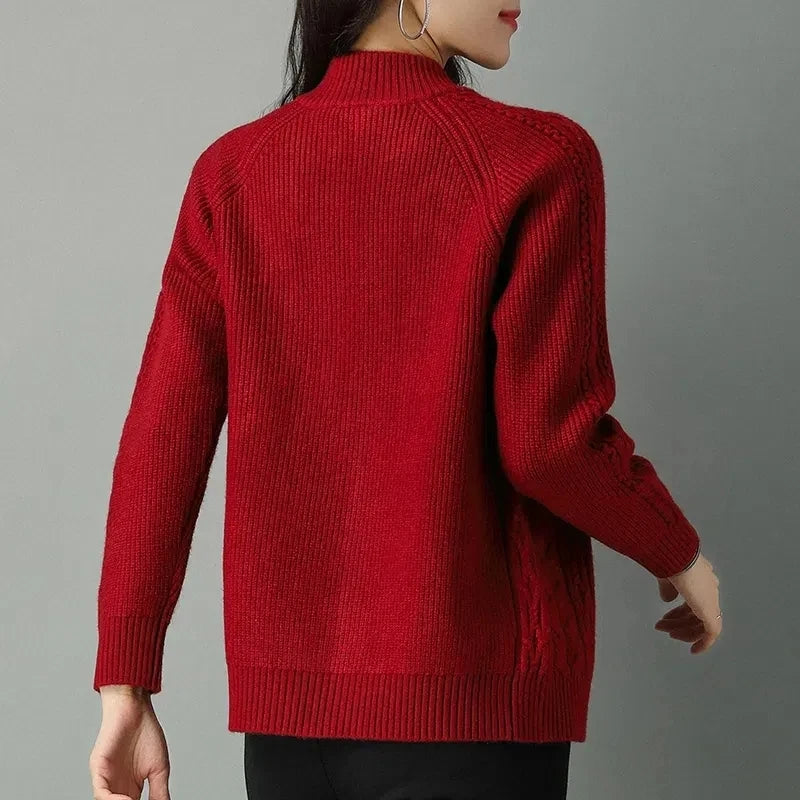 Half High Collar Zipper Knitted Cardigan Jacket Women Autumn Winter New Solid Color Long Sleeve Cardigans Thicken Sweater Coat