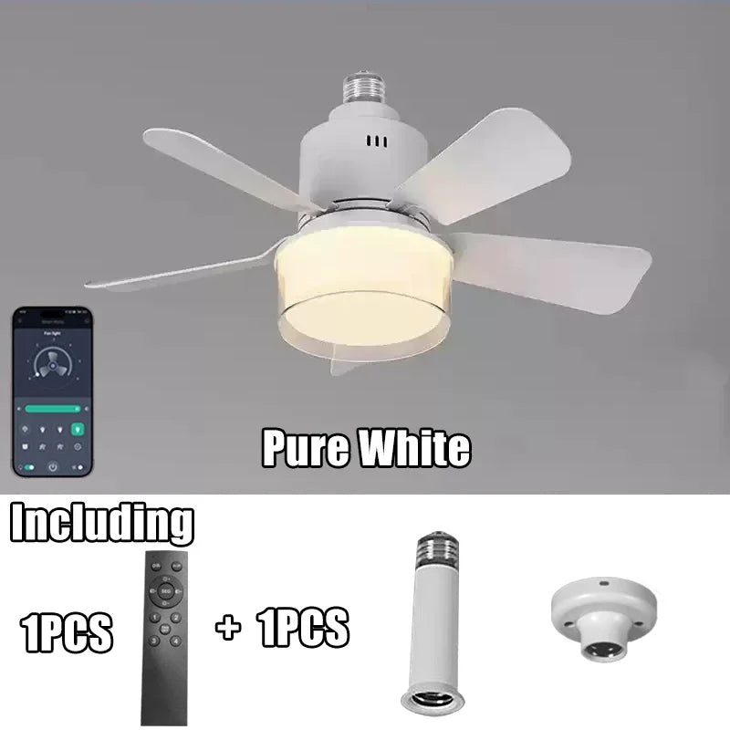 កង្ហារពិដានឆ្លាតវៃ 2-in-1 ភ្លើង LED ភ្លើង E27 កង្ហារបញ្ជាតាម APP ជាមួយប៊្លូធូស រចនាស្ងាត់សម្រាប់ការតុបតែងបន្ទប់គេង