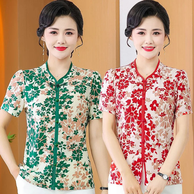 អាវយឺតដៃខ្លីបោះពុម្ពម៉ូដសម្រាប់នារីរដូវក្តៅធម្មតា កអាវឈីប៉ាវបែបវីនថេច សម្រាប់សម្លៀកបំពាក់នារី