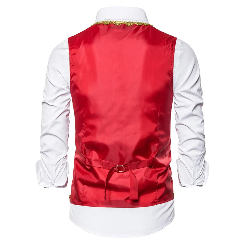 2026 Men's Red-Gold Embroidered Vest Jacket, White Court/Studio Waistcoat, Black Opera Stage Performance Sleeveless Vests Coat
