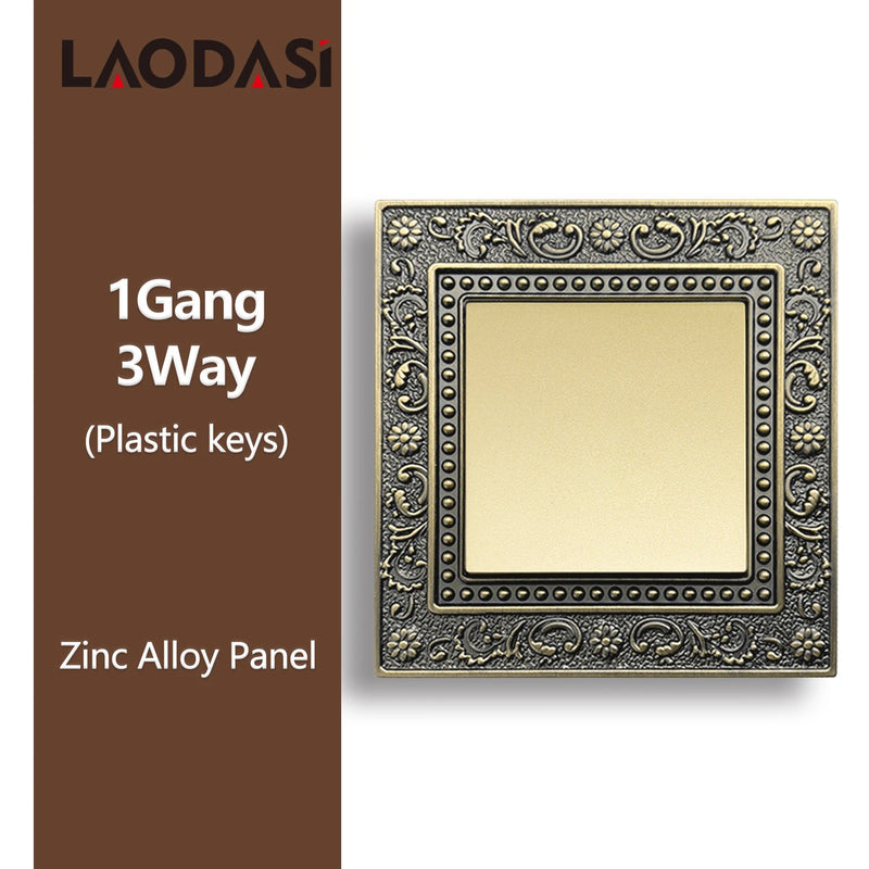 Deopoguye Vintage EU FR UK Light Switch Socket,Europe Standard Metal Zinc Alloy Push 1/2/3Gang Switch Panel for Home Improvement