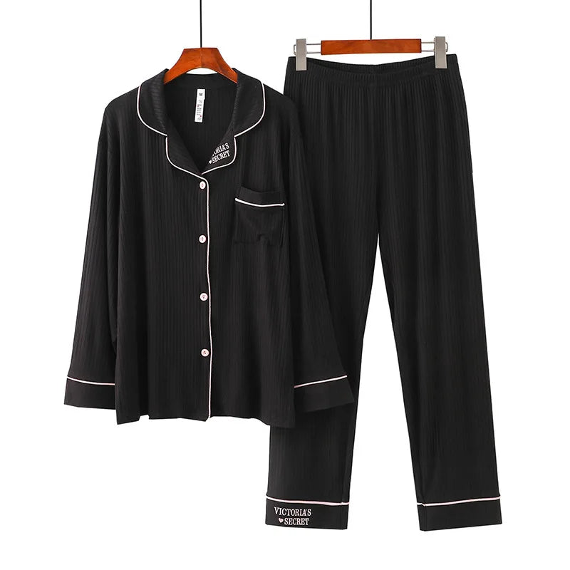 Women's Pajamas Spring Autumn Strips Modal Lapel Cardigan Trousers Sets Long-sleeved Loungewear New Sleepwear Pijama Mujer