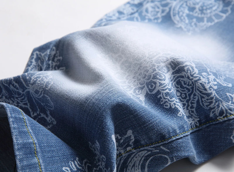 New Summer Collection of Men's Blue Stretch Denim Shorts, Stylish Casual Printed Jeans Shorts, Asian Sizes 28–42.