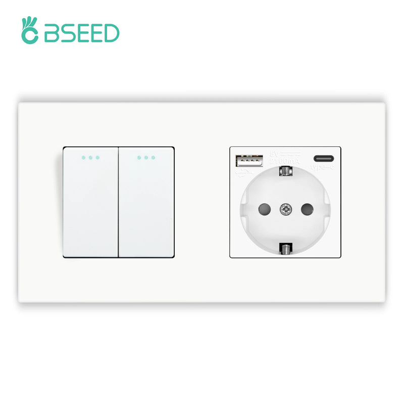 BSEED Mechanical Button Switches With Power Socket 1/2/3Gang 1Way Plastic Panel Electrical Outlets USB Type-C Wall Socket 16A