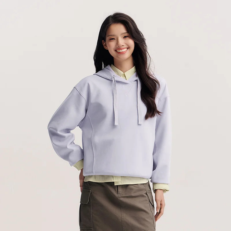 Semir Embroidered Hoodie Women Spring Hooded Loose Split Design Minimalist Gentle Style Casual Comfortable Pullover