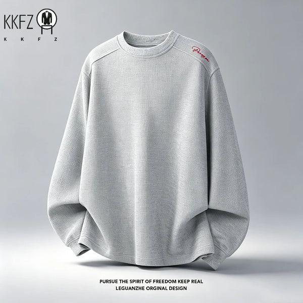 Mens Raglan Sleeve Waffle Crew Neck Top Shoulder Embroidery Detail Loose Cut Soft Fabric Casual Daily Wear