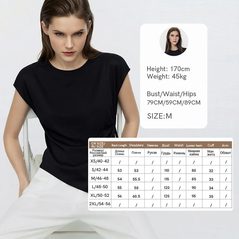 Amii Women's T-Shirt 2026 Summer New Acetate O-Neck Asymmetric Split Hem Flowy Top Loose Fit Office Casual Tee Women 12622220