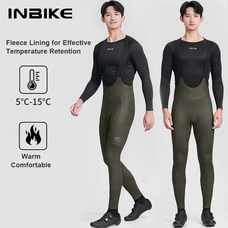 INBIKE Men's Winter Thermal Fleece Cycling Bib Pants Windproof Bicycle Tights with Chamois Padding Pockets MTB Cycling Clothing