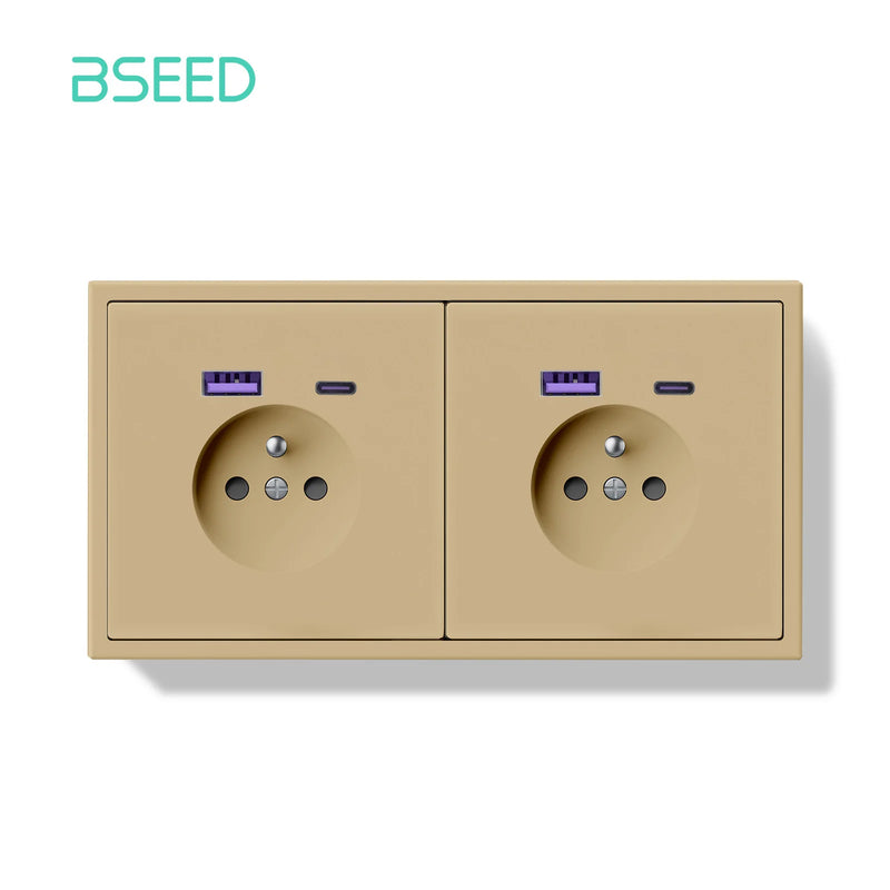 BSEED French Standard Wall Power Socket Electrical Outlets 20W USB Type-C Fast Charge Port Socket White Black Plastic Frame 16A