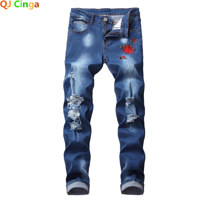 Men's Red Rose Embroidered Jeans, Black Blue Stretch Pants for Men White Fashion Pantalon Hole Decoration Male Slacks 28-42