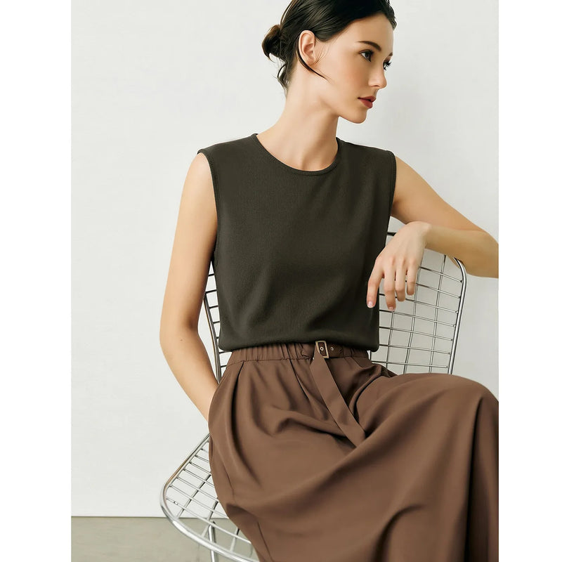 Amii Women's Knit Top 2026 Summer New Round Neck Sleeveless Sweater Draped Cutout Loose Fit Casual Pullover For Women 12622205
