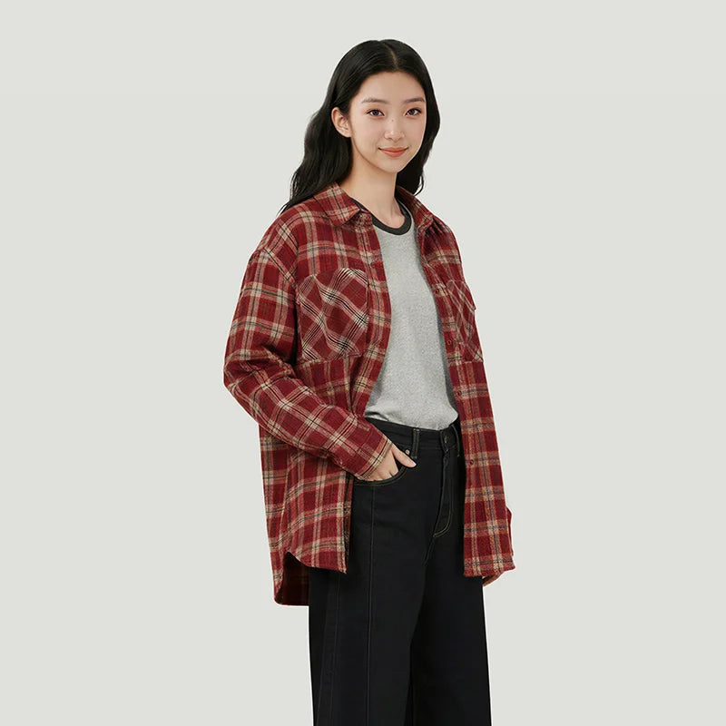 Semir Vintage Shirt Women Long Sleeve Mid Length Red Plaid Top Loose Casual Fashion Blouse 2026 Spring Stylish Outerwear