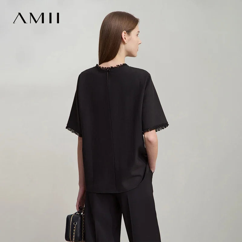 អាវក្រណាត់អាវធំស្ត្រី Amii Minimalist ឆ្នាំ ២០២៥ រដូវស្លឹកឈើជ្រុះថ្មីត្រង់រំយោលស្មាអង្កាំដៃខ្លី 12521016