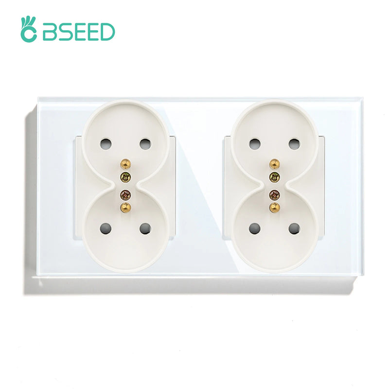 BSEED French Standard Single Wall Power Sockets Double Sockets Dual Electrical Outlets Glass Panel Children Protection 16A