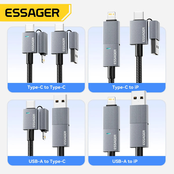 ខ្សែសាកលឿន Essager 240W 4-in-1 សម្រាប់ iPhone17 16 15 Pro Max Macbook iPad Xiaomi Samsung Macbook USB Type C ទៅ USB C