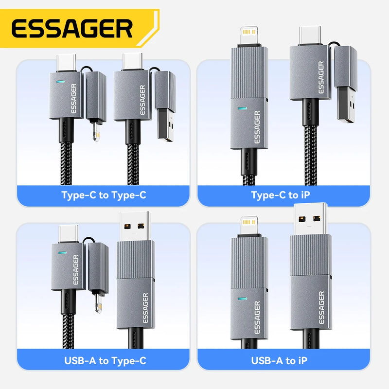 ខ្សែសាកលឿន Essager 240W 4-in-1 សម្រាប់ iPhone17 16 15 Pro Max Macbook iPad Xiaomi Samsung Macbook USB Type C ទៅ USB C