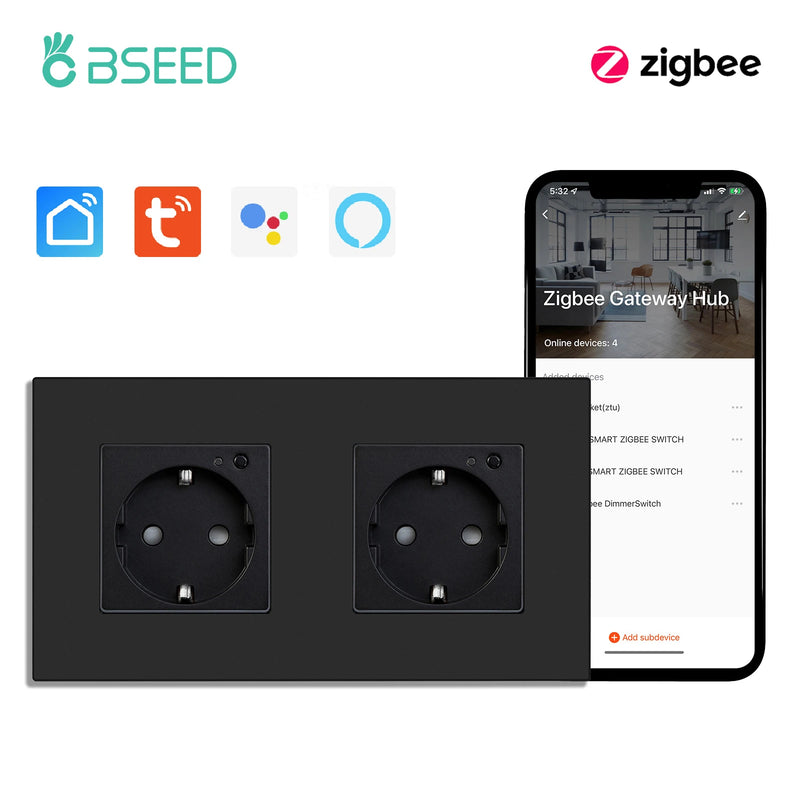 BSEED ZigBee Smart Socket Double Power Outlet Smart Wall Socket Plastic Frame Tuya Google Home Smart Life Control Blue Backlight