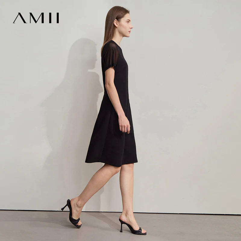 AMII Casual Slim Dress 2026 Summer Office Lady Elegant O Neck See Through Shoulder Sleeve Stretch Knitted Black Dresses 12542079