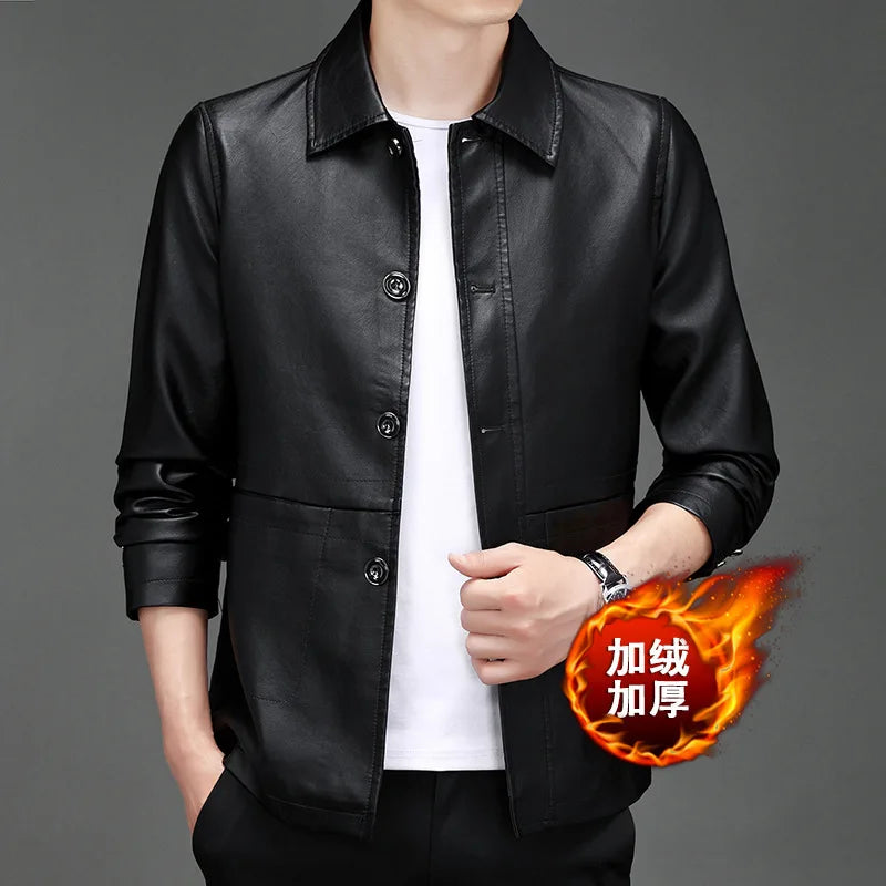 New Product Launch in 2026: Men's Black Long-sleeved PU Jacket, Artificial Leather Single-button Lapel Coat.
