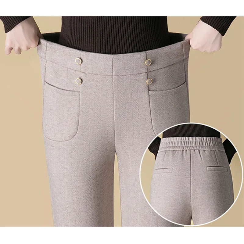 New Winter Women's Slightly Flared Pants,Elastic Waist Herringbone High Waisted Trousers,Beige,Coffee,Gray Available, Asian Size